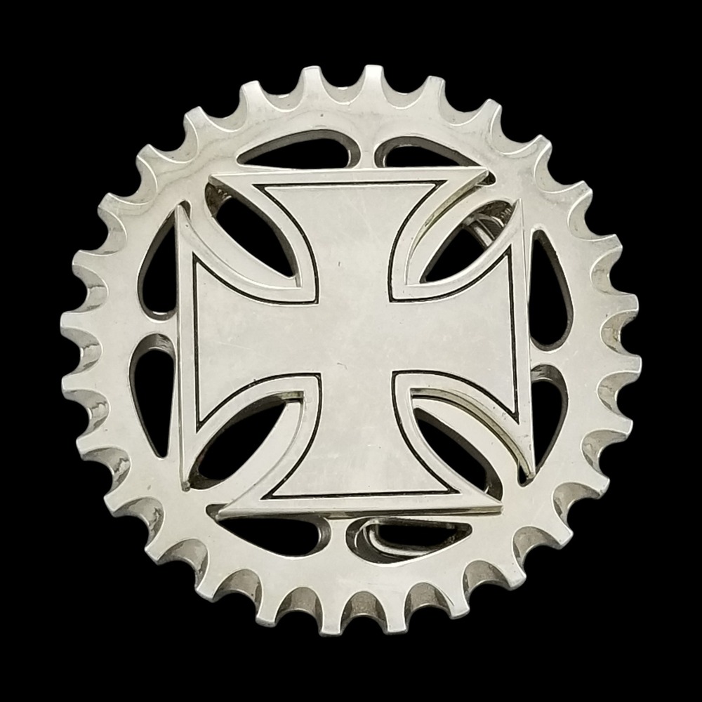 No Fear Vintage‎ Iron Cross Spinner Sprocket Belt Buckle Silver Tone Biker Y2K